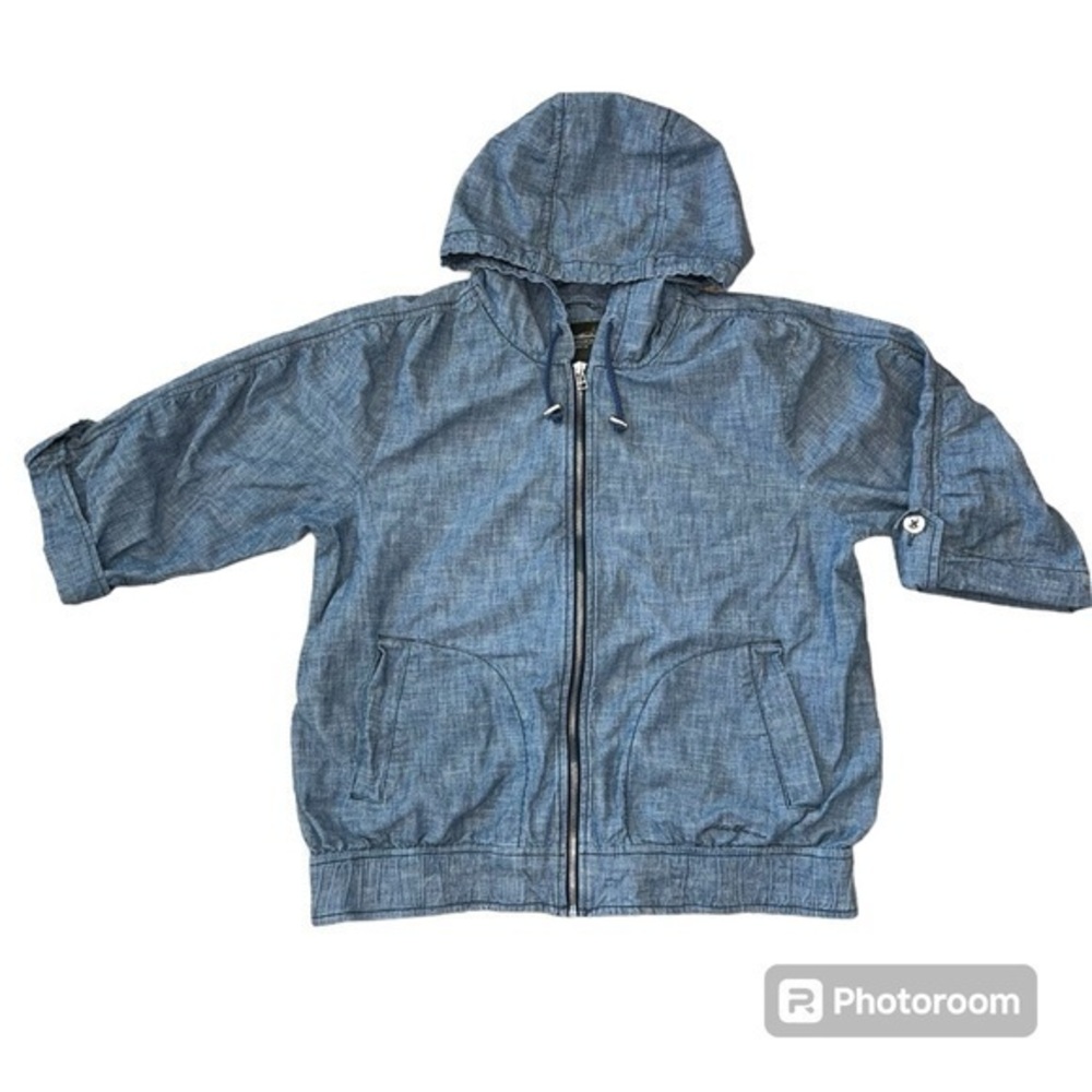 Eddie Bauer Women's Chambray Hooded Zip Up 3/4 Sleeve Jacket Size Large